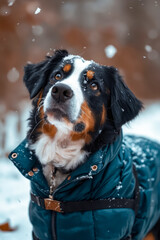 Canvas Print - A dog wearing a blue jacket in the snow