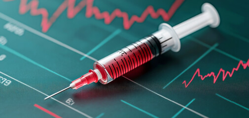 Syringe with Red Liquid on Financial Chart Background Representing Medical and Economic Concepts