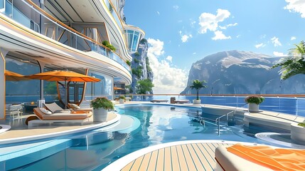 Poster - A luxurious poolside view with modern architecture, surrounded by nature and mountains under a bright sky.