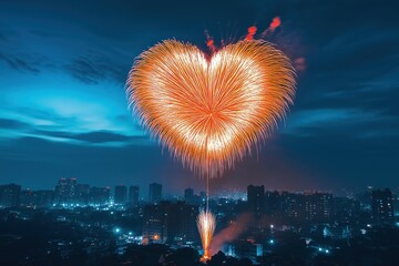 Wall Mural - Fireworks display creating a heart shape above the city at night