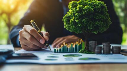 A businessman using a calculator and analyzing financial data at his desk with a small growth tree concept symbolizing green business and environmental sustainability. The setup reflects the harmony b