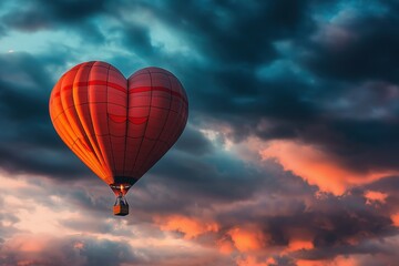 Heart shaped hot air balloon flying through dramatic sunset sky