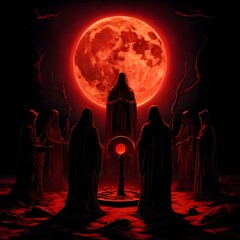 Lunar Eclipse Ritual, lunar eclipse, ritual, cloaked figures, red moon, glowing symbols, ancient power, mystical ceremony, eerie magic