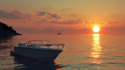 Sticker - A serene sunset over calm waters with a boat, creating a peaceful atmosphere.