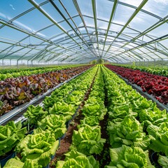 5. Large greenhouse with hydroponic lettuce rows, green and red varieties, transparent roof structure, metal framework, bright sunlight, blue sky visible, industrial agriculture, controlled