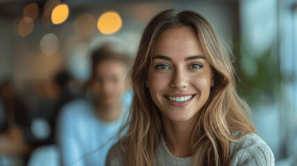 Young Woman Smiling With Brown Hair And Blue Eyes In Soft Light