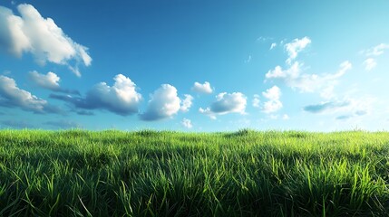 Expansive green meadow under a clear blue morning sky with fluffy clouds