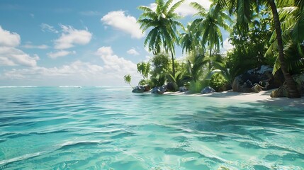 Wall Mural - A serene tropical beach with clear turquoise water and lush palm trees under a bright blue sky.