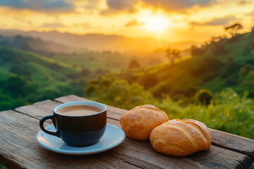 A cup of coffee and two rolls on a wooden table