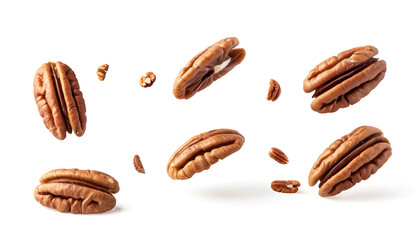 Falling pecan nuts isolated on white background with clipping path