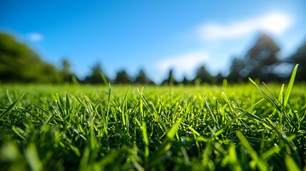 Expansive green meadow under clear blue morning sky with bright sunlight