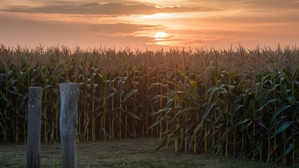 Wall Mural - Sunset meadow over wheat field agriculture concept industry produce food environment