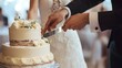 © Heng Heng - AI Stock - Newlywed couple cutting the delicious wedding cake together in a joyous of their marriage and new beginning  The elegant cake stands as a symbol of their commitment and unity on this special occasion