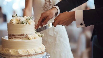 Newlywed couple cutting the delicious wedding cake together in a joyous of their marriage and new beginning  The elegant cake stands as a symbol of their commitment and unity on this special occasion