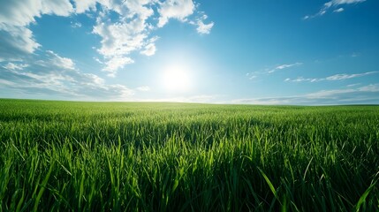 expansive green meadow under a clear blue sky with bright morning sunlight at the horizon