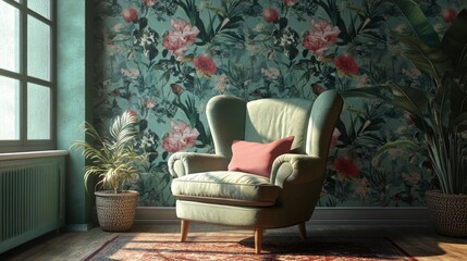 Comfortable armchair near wall with floral wallpaper. Stylish living room interior , ai