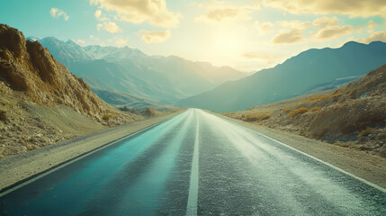 Mountain road scene with rocks, a sunny sky dotted with clouds, and a picturesque asphalt road in the summer evening. Features vintage toning, showcasing a travel background with a highway winding.