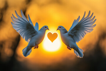 Two white doves flying in the sunset with heart symbol