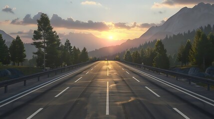 Wall Mural - A serene highway stretches towards a sunset, framed by mountains and trees, evoking a sense of adventure.