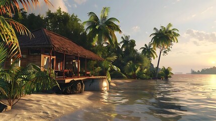 Poster - A serene beach scene featuring a wooden hut surrounded by palm trees and calm waters at sunset.