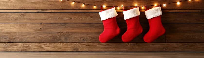 Three red Christmas stockings hang against a wooden wall, adorned with festive lights, perfect for holiday decor.