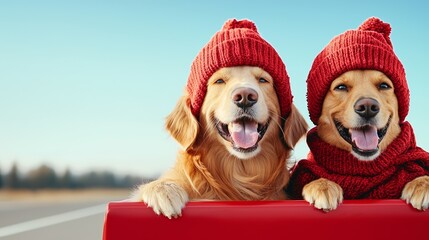 Two happy dogs in red knit hats enjoy a sunny day, smiling and bringing joy to the outdoors.