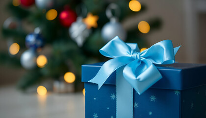 Wall Mural - A navy blue gift box with a blue ribbon and bow, placed on a wooden surface in front of a blurred Christmas tree with colorful lights