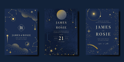 Wall Mural - luxury invitation card design vector set. elegant wedding card with little star moon sun and space d