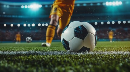 Close-up of a soccer ball on the grass, a player in the background is preparing to kick it. Sports concept.