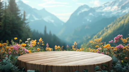 Empty Top Of Wooden Table Podium, Mountain Background, Flowers And Natural Light Blurred Summer, For Product Display, Advertising And Promotion