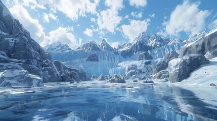 Poster - A serene icy landscape featuring mountains, glaciers, and a calm reflective lake under a blue sky.