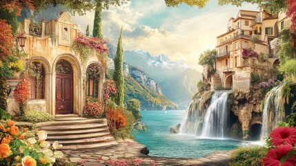 Wall Mural - Beautiful collage with access to the Paris, the ancient houses of Italy, flowers and waterfalls. Digital collage , mural and fresco. Wallpaper. Poster design. Modular panno , ai