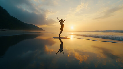 A woman practicing yoga on a serene beach at sunrise, with her silhouette reflected on the wet sand as the gentle waves roll in 