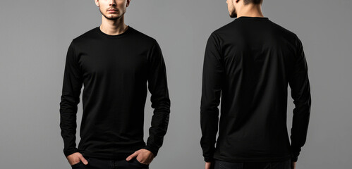 Mock-up template ,Man in a  long-sleeved t-shirt on a gray background, 