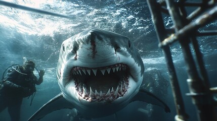 Great white shark showing its teeth in front of divers in a diving cage. copy space for text.