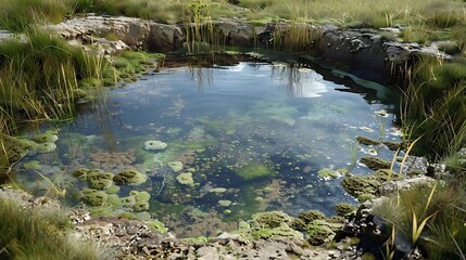 Sticker - A serene pond surrounded by lush grass and algae, reflecting the sky.