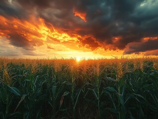 Sweetcorn field under a dramatic evening sky, Main keyword sweetcorn, Concept countryside tranquility