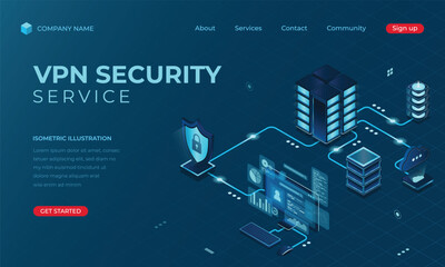 Wall Mural - isometric vpn security landing page concept. cyber security. digital technology website landing page