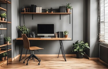 Canvas Print - home office with wooden floor, black wall and industrial desk with computer,workspace