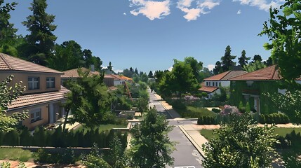 Poster - A serene neighborhood scene with houses, trees, and a clear sky, depicting a peaceful suburban environment.