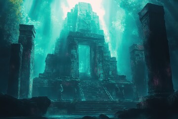 Wall Mural - Ancient Stone Temple in a Mysterious Underwater Setting