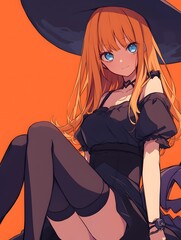 Wall Mural - Anime style, beautiful girl in Halloween witch costume, Generative AI