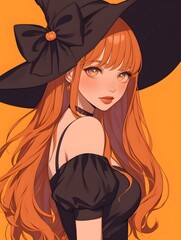 Wall Mural - Anime style, beautiful girl in Halloween witch costume, Generative AI