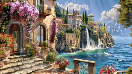 Wall Mural - Beautiful collage with access to the Paris, the ancient houses of Italy, flowers and waterfalls. Digital collage , mural and fresco. Wallpaper. Poster design. Modular panno , ai