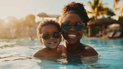 African American mother and child enjoying playful moments in a pool at a tropical resort, both wearing stylish sunglasses and sharing joyful smiles with the camera. The warm sunlight, combined with t