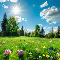2. bright spring landscape, lush green grass field, easter eggs in various colors nestled within the