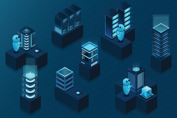 Wall Mural - 3d isometric concept big data center with server. cloud computing. network mainframe infrastructure.