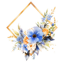 Wall Mural - A delicate arrangement of blue and orange flowers in a gold frame, perfect for invitations or other designs.