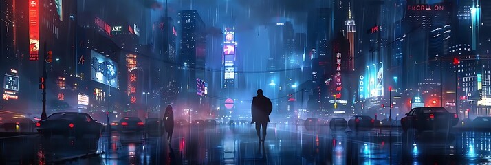 Poster - A rainy urban scene with neon lights and a solitary figure walking through the city.