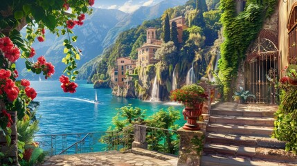 Wall Mural - Beautiful collage with access to the sea, the ancient houses of Italy, flowers and waterfalls. Digital fresco. Wallpaper. Poster design. 3d rende , ai